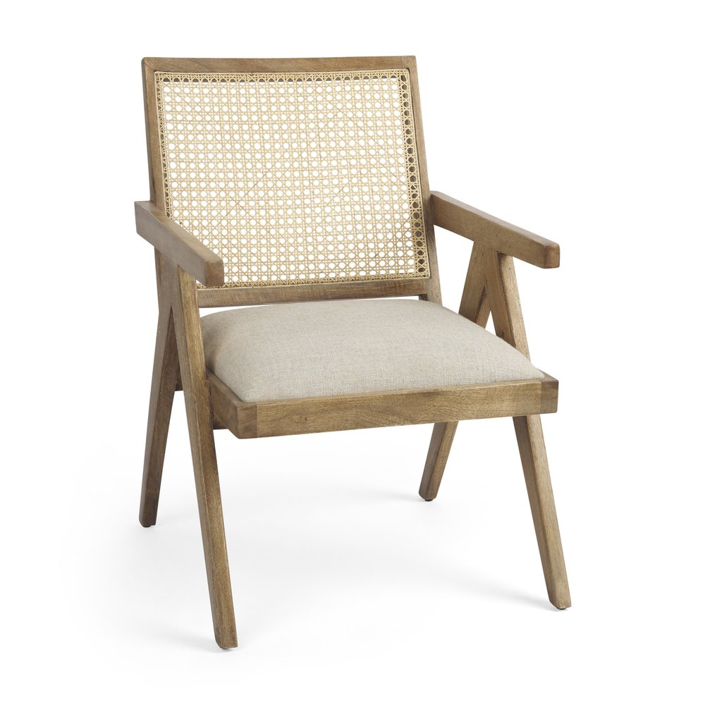 22" Beige and Natural Linen and Solid Wood Arm Chair HomeRoots