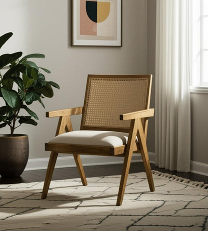 22" Beige and Natural Linen and Solid Wood Arm Chair HomeRoots