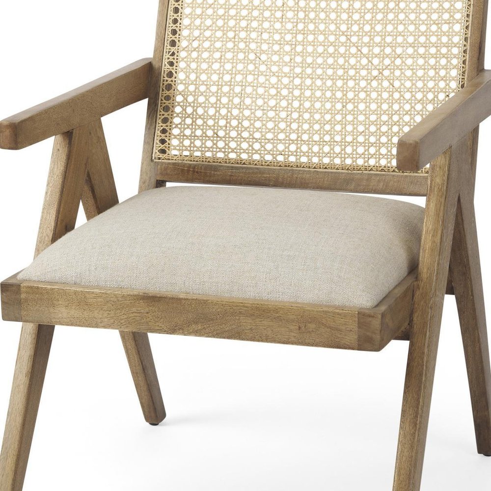 22" Beige and Natural Linen and Solid Wood Arm Chair HomeRoots