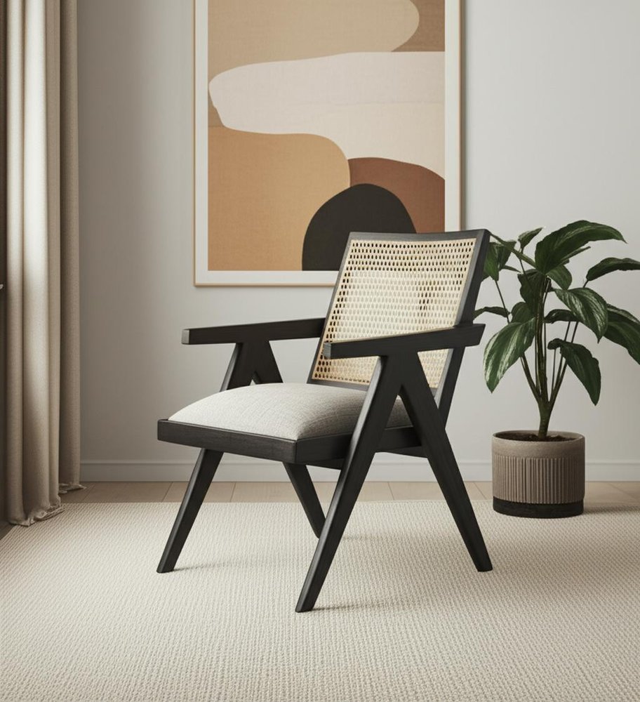 28" Gray and Black Linen and Solid Wood Arm Chair HomeRoots