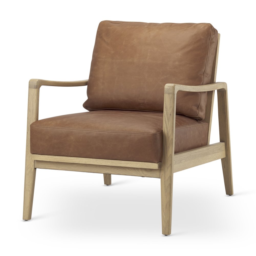 34" Brown and Natural Genuine Leather and Solid Wood Arm Chair HomeRoots