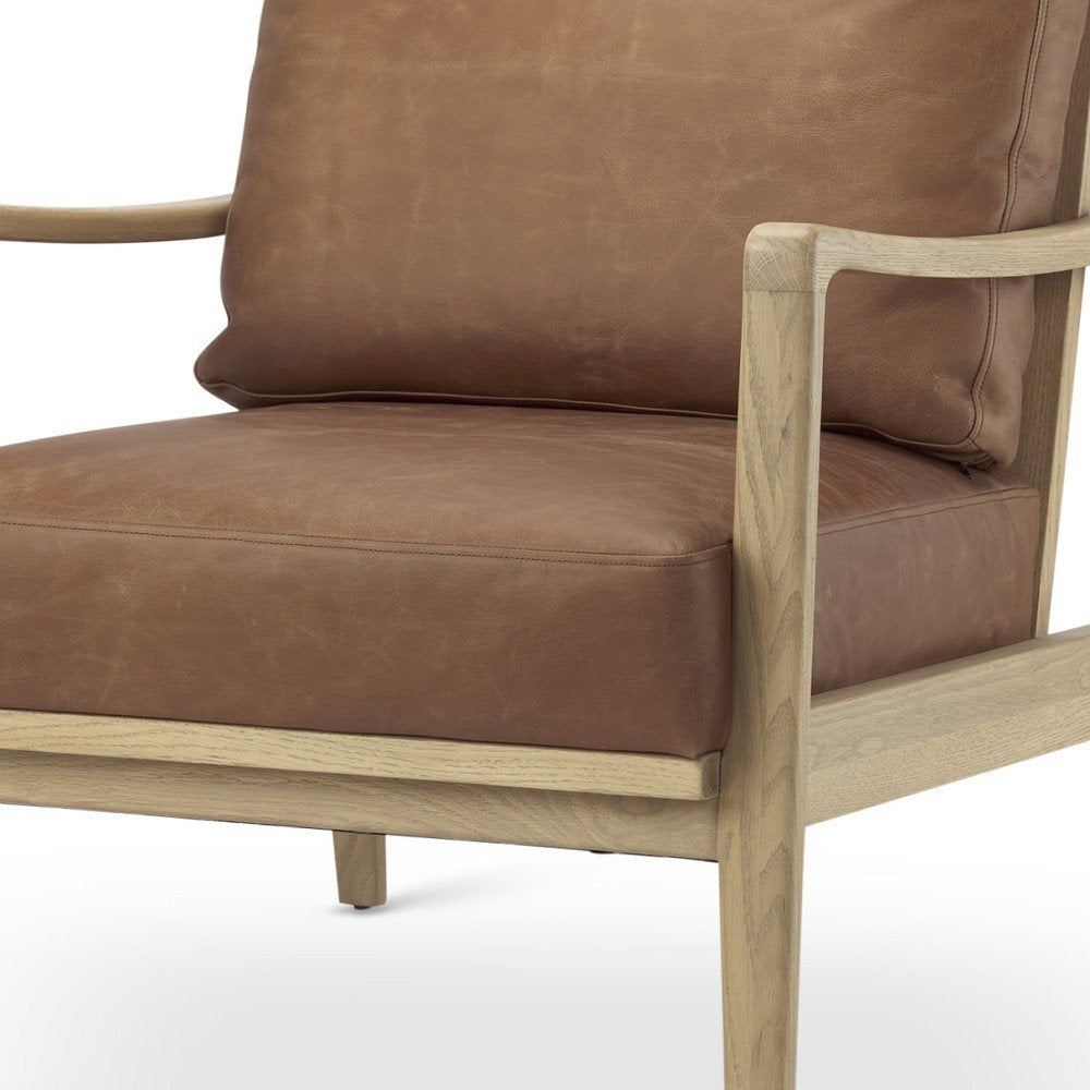 34" Brown and Natural Genuine Leather and Solid Wood Arm Chair HomeRoots