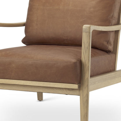 34" Brown and Natural Genuine Leather and Solid Wood Arm Chair HomeRoots