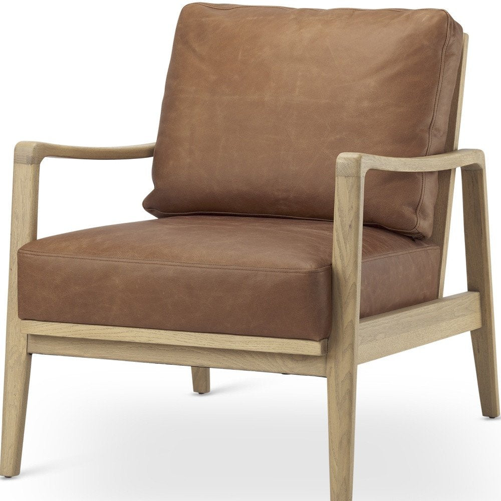 34" Brown and Natural Genuine Leather and Solid Wood Arm Chair HomeRoots