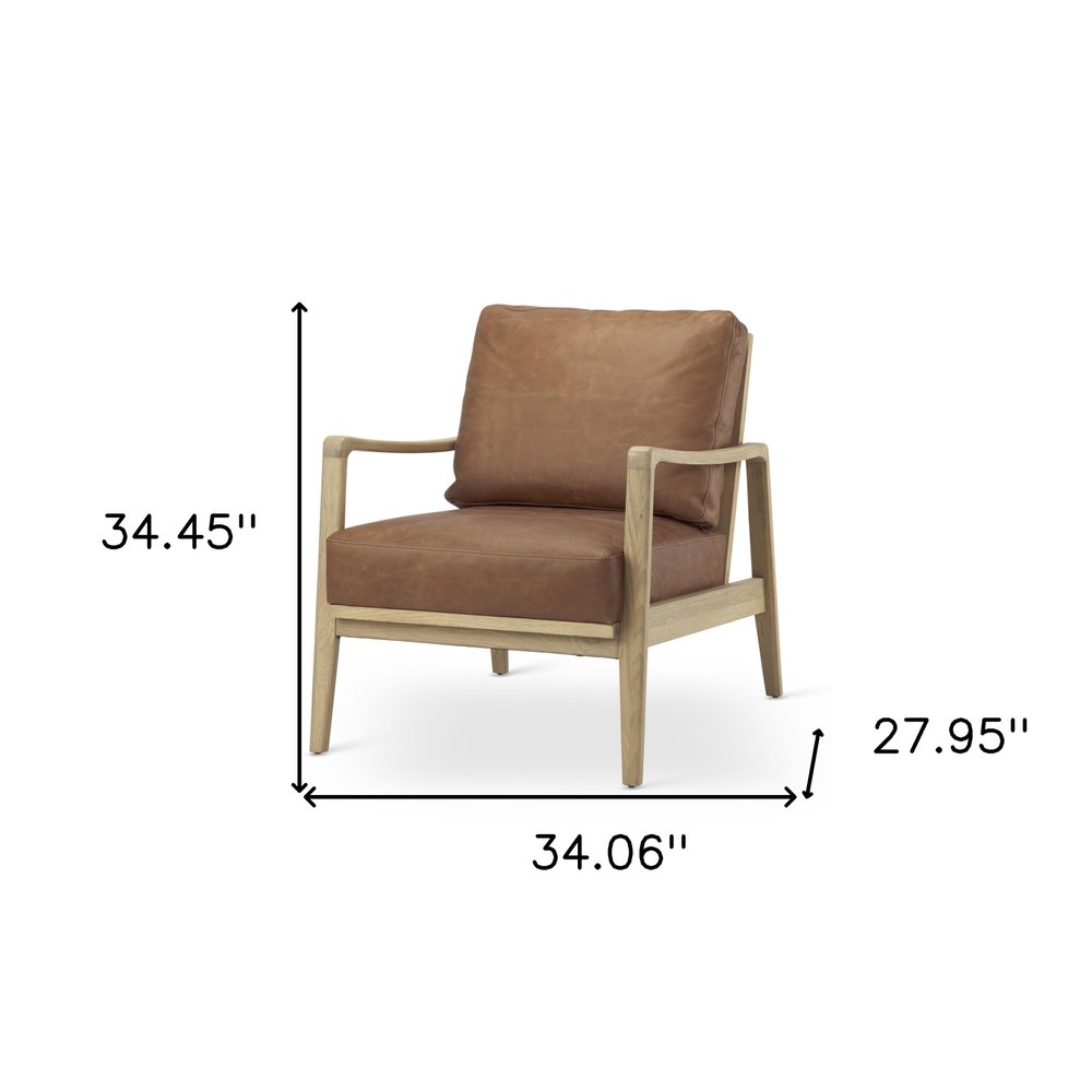 34" Brown and Natural Genuine Leather and Solid Wood Arm Chair HomeRoots