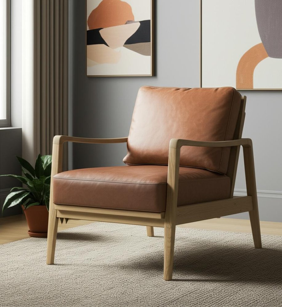 34" Brown and Natural Genuine Leather and Solid Wood Arm Chair HomeRoots