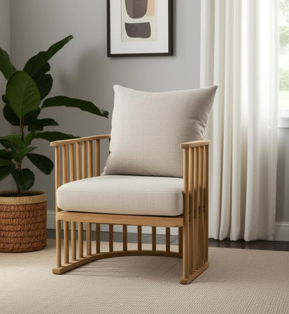 31" Beige and Natural Upholstery and Solid Wood Barrel Chair HomeRoots
