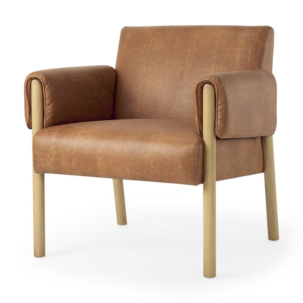 30" Brown and Natural Faux Leather and Solid Wood Arm Chair HomeRoots