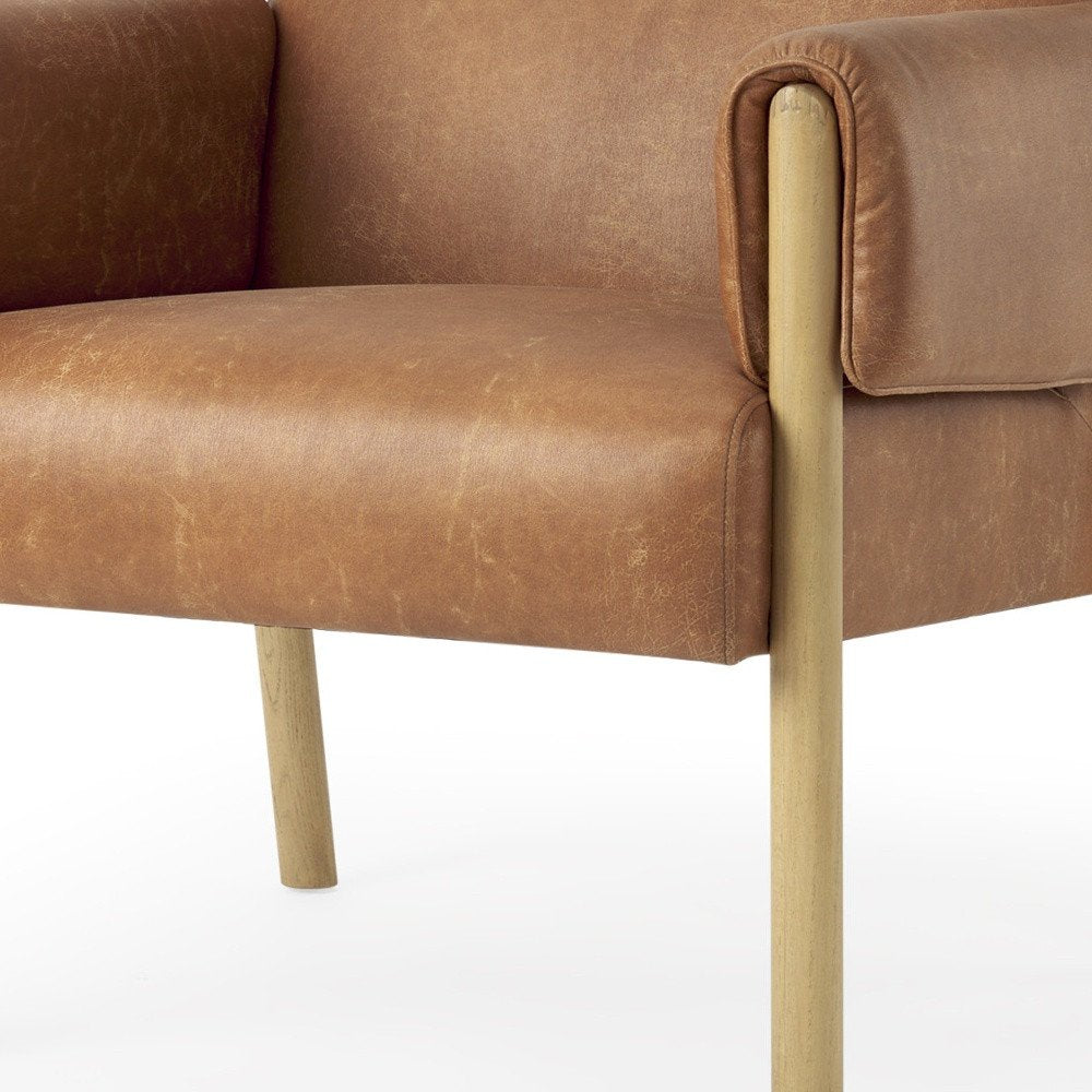 30" Brown and Natural Faux Leather and Solid Wood Arm Chair HomeRoots