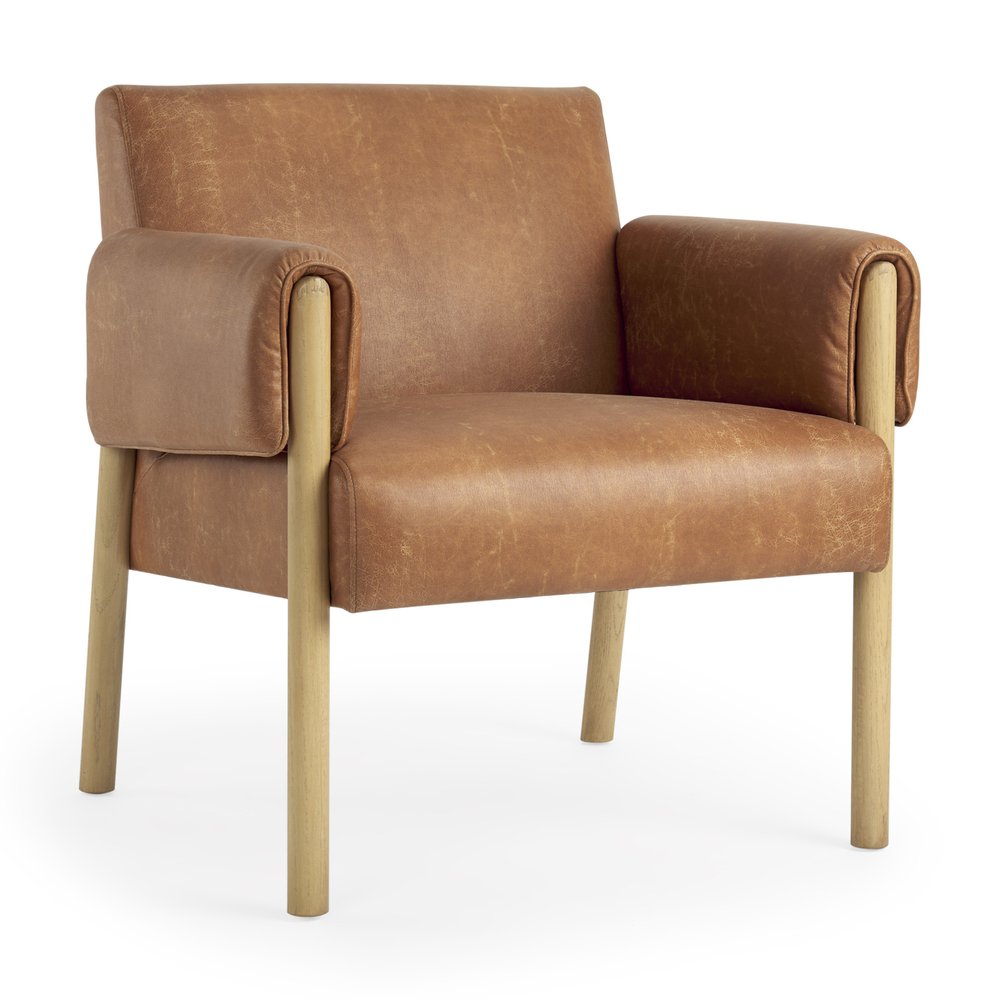30" Brown and Natural Faux Leather and Solid Wood Arm Chair HomeRoots