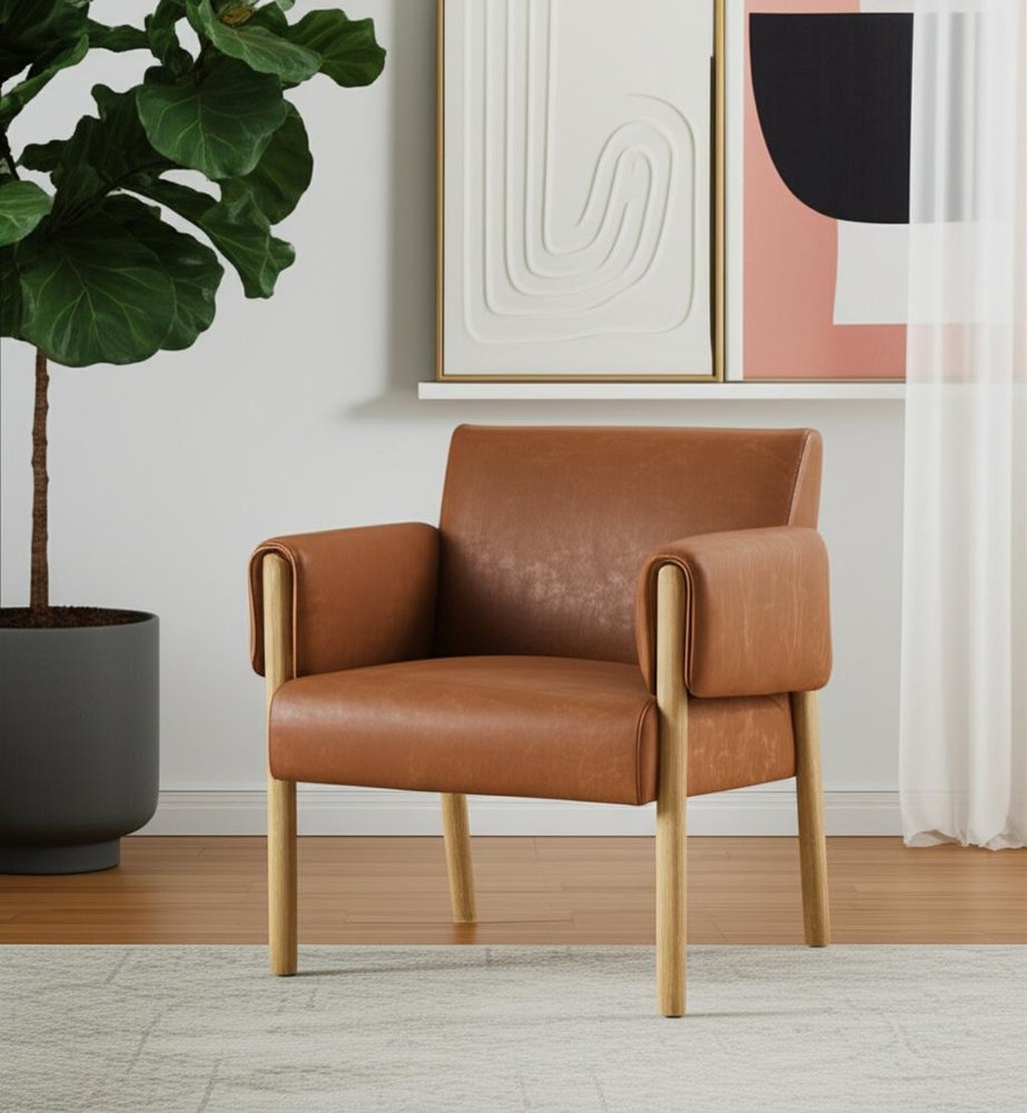 30" Brown and Natural Faux Leather and Solid Wood Arm Chair HomeRoots