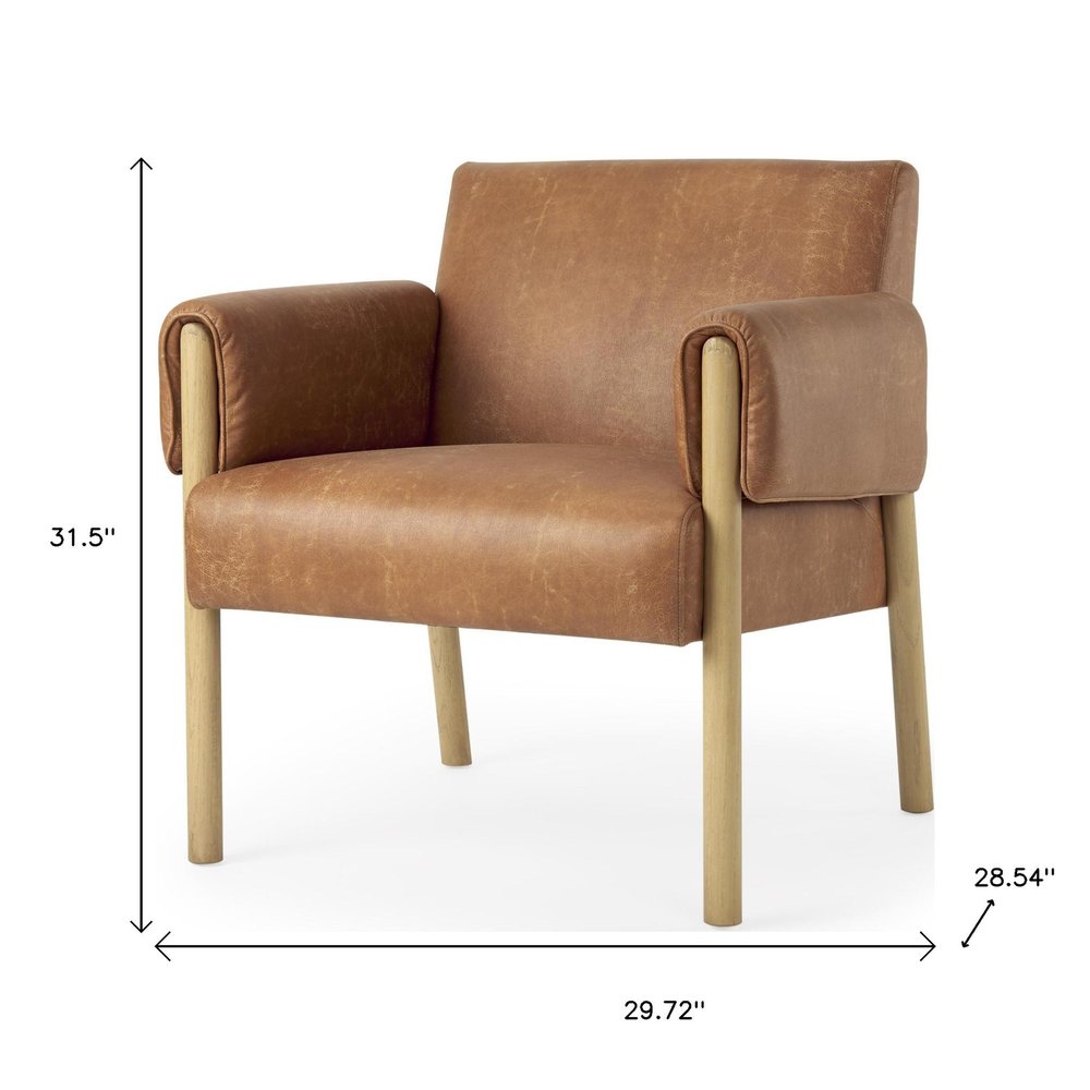 30" Brown and Natural Faux Leather and Solid Wood Arm Chair HomeRoots