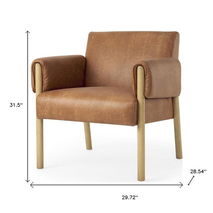 30" Brown and Natural Faux Leather and Solid Wood Arm Chair HomeRoots