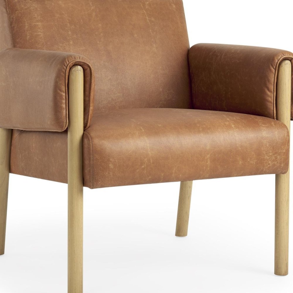 30" Brown and Natural Faux Leather and Solid Wood Arm Chair HomeRoots