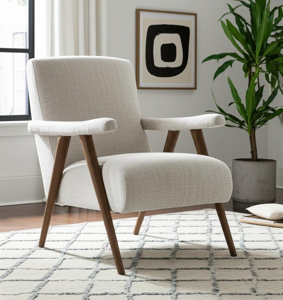 32" Cream and Brown Linen and Solid Wood Arm Chair HomeRoots