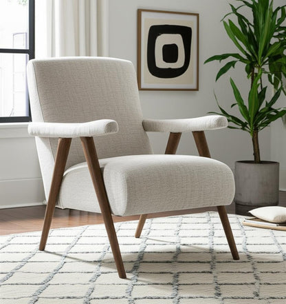 32" Cream and Brown Linen and Solid Wood Arm Chair HomeRoots