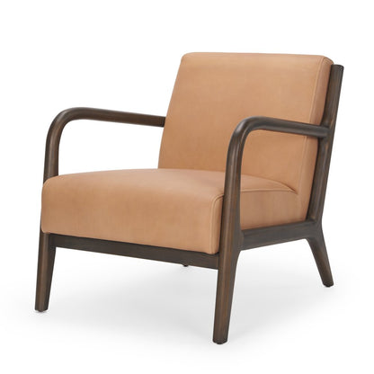 26" Tan and Dark Brown Genuine Leather and Solid Wood Arm Chair HomeRoots