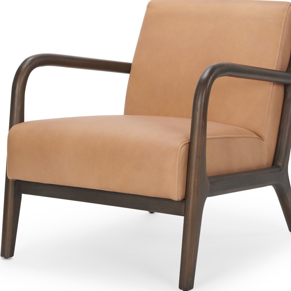 26" Tan and Dark Brown Genuine Leather and Solid Wood Arm Chair HomeRoots