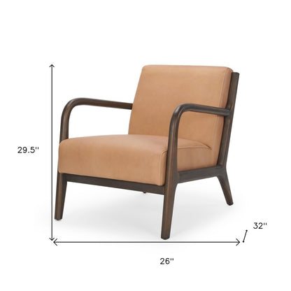 26" Tan and Dark Brown Genuine Leather and Solid Wood Arm Chair HomeRoots