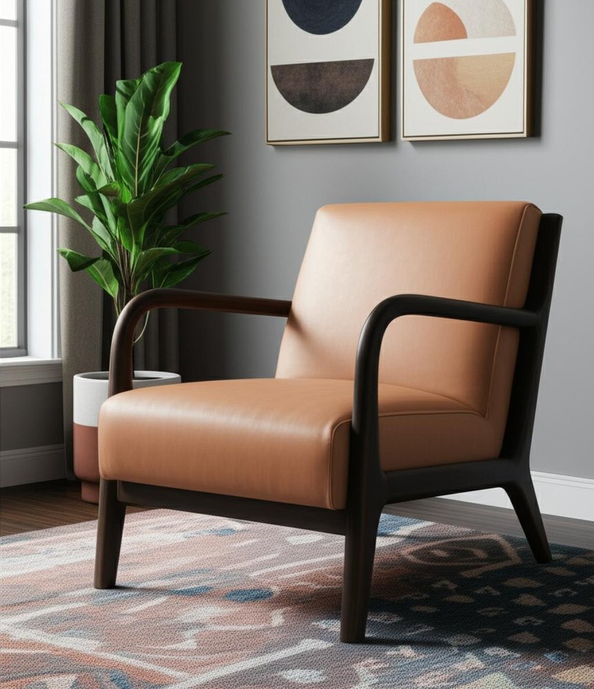 26" Tan and Dark Brown Genuine Leather and Solid Wood Arm Chair HomeRoots