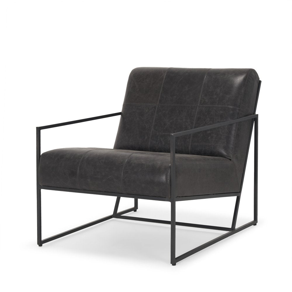37" Black Genuine Leather and Metal Lounge Chair HomeRoots