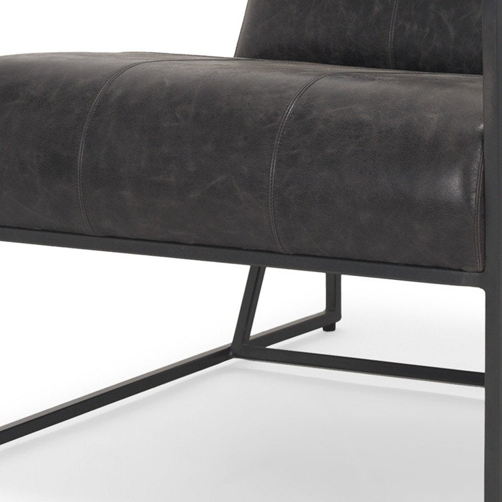 37" Black Genuine Leather and Metal Lounge Chair HomeRoots