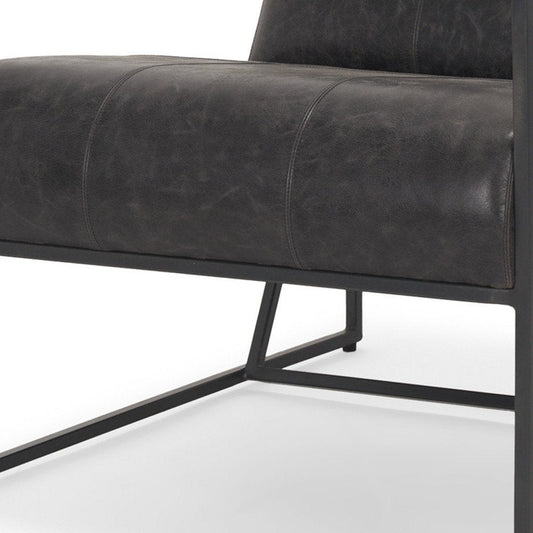 37" Black Genuine Leather and Metal Lounge Chair HomeRoots
