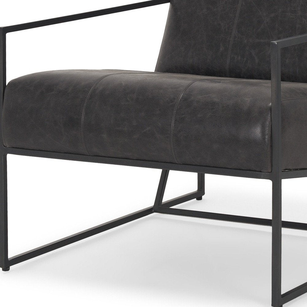 37" Black Genuine Leather and Metal Lounge Chair HomeRoots