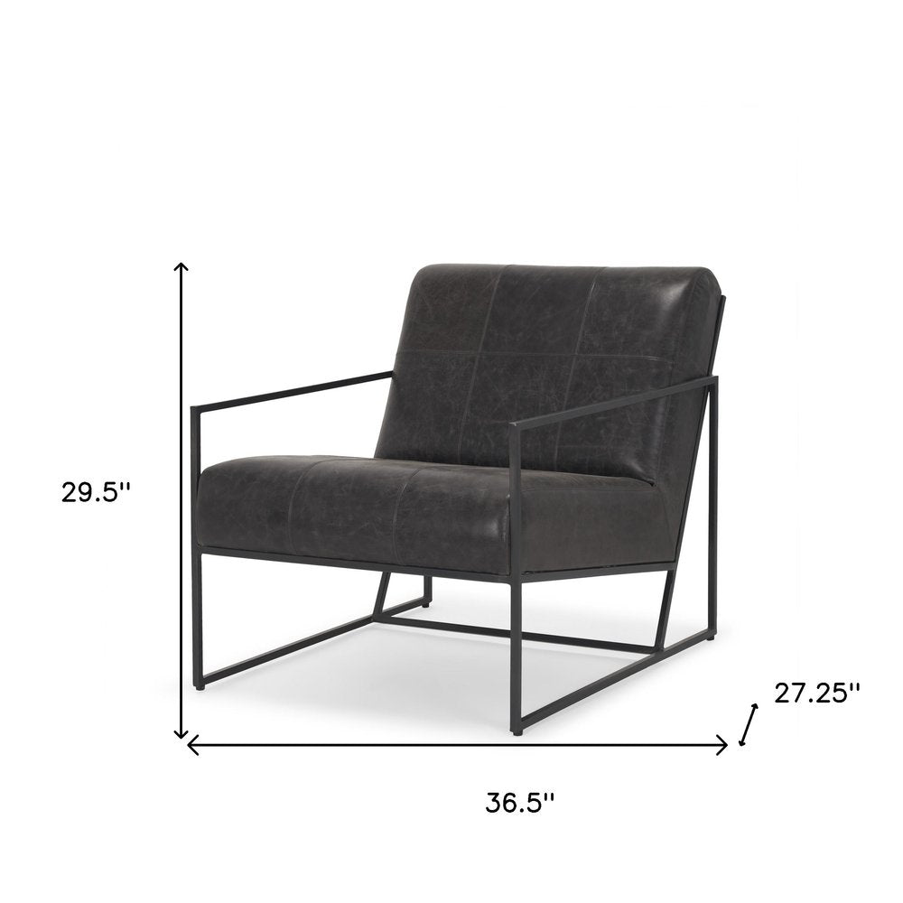 37" Black Genuine Leather and Metal Lounge Chair HomeRoots