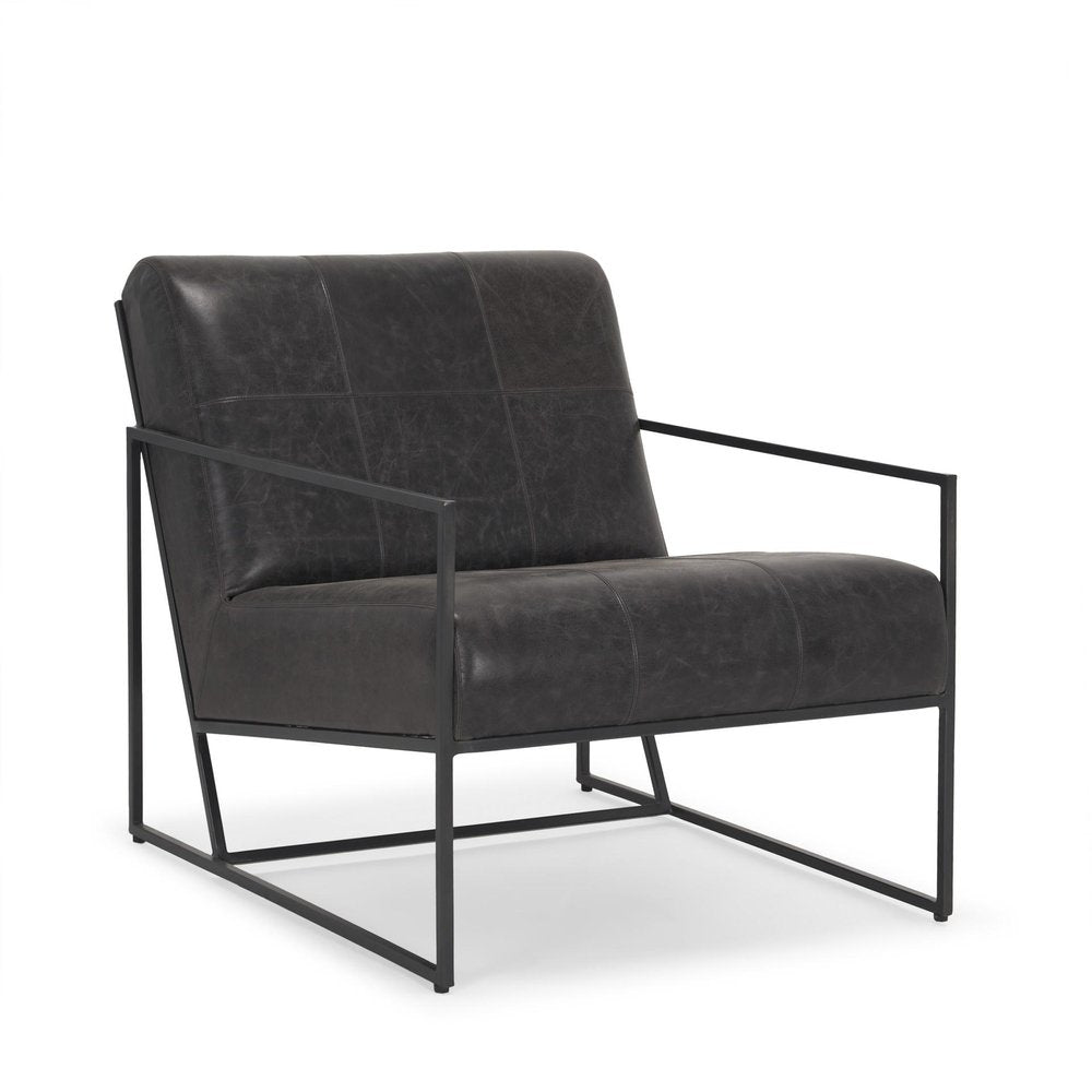 37" Black Genuine Leather and Metal Lounge Chair HomeRoots