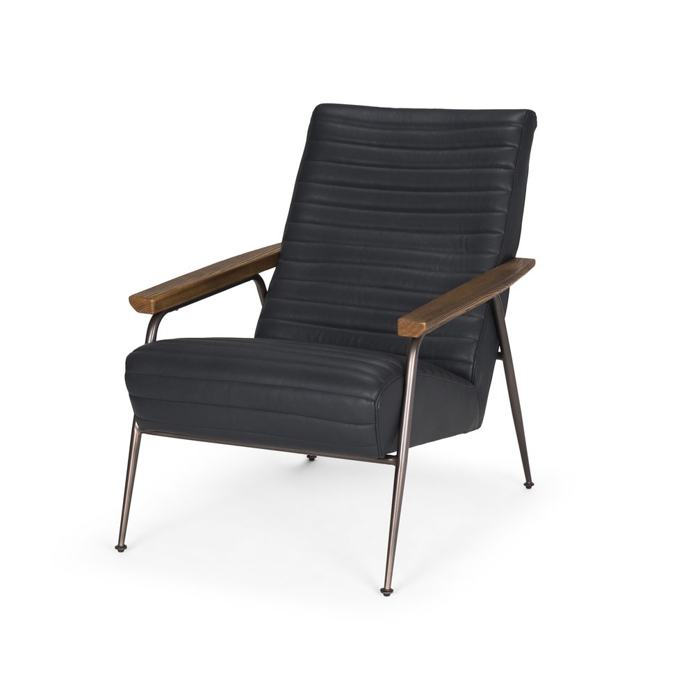 37" Black Genuine Leather and Metal Arm Chair