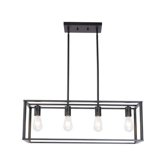 Black Metal Four Light Caged Rectangular Hanging Pendent Light HomeRoots