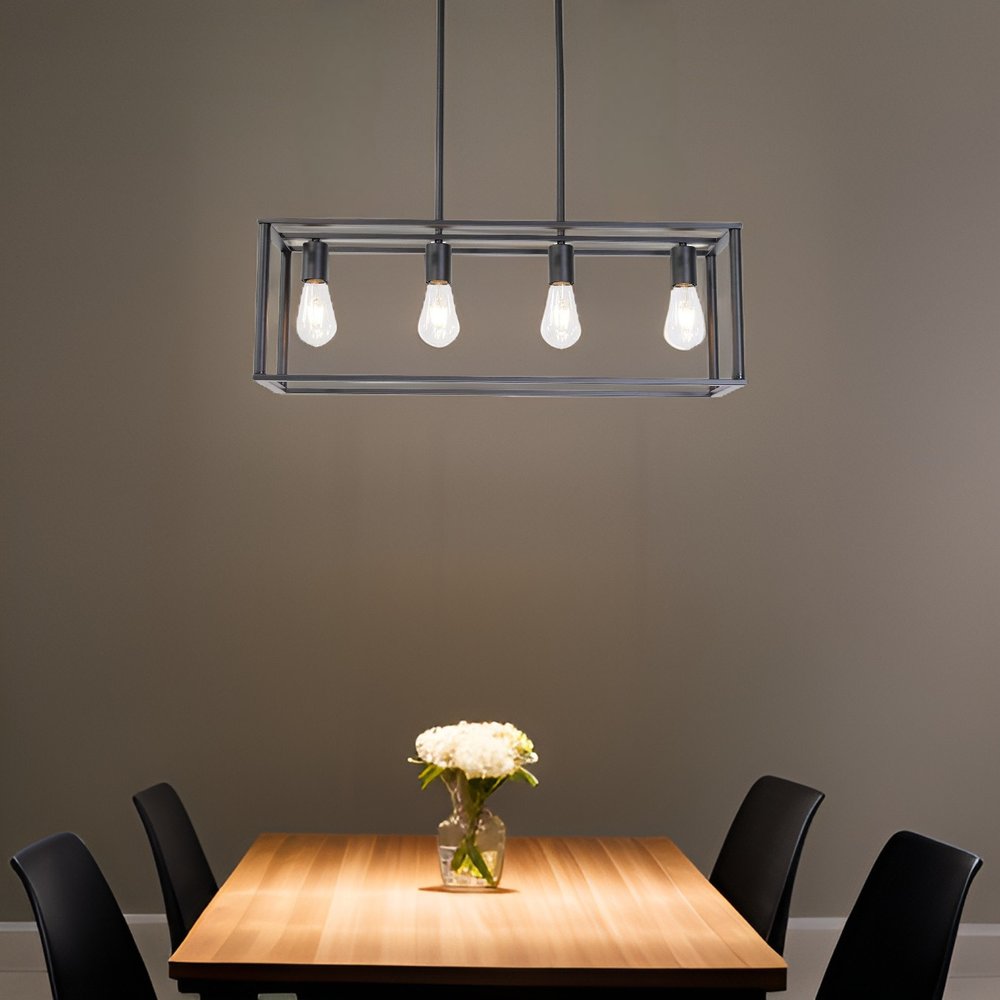 Black Metal Four Light Caged Rectangular Hanging Pendent Light HomeRoots