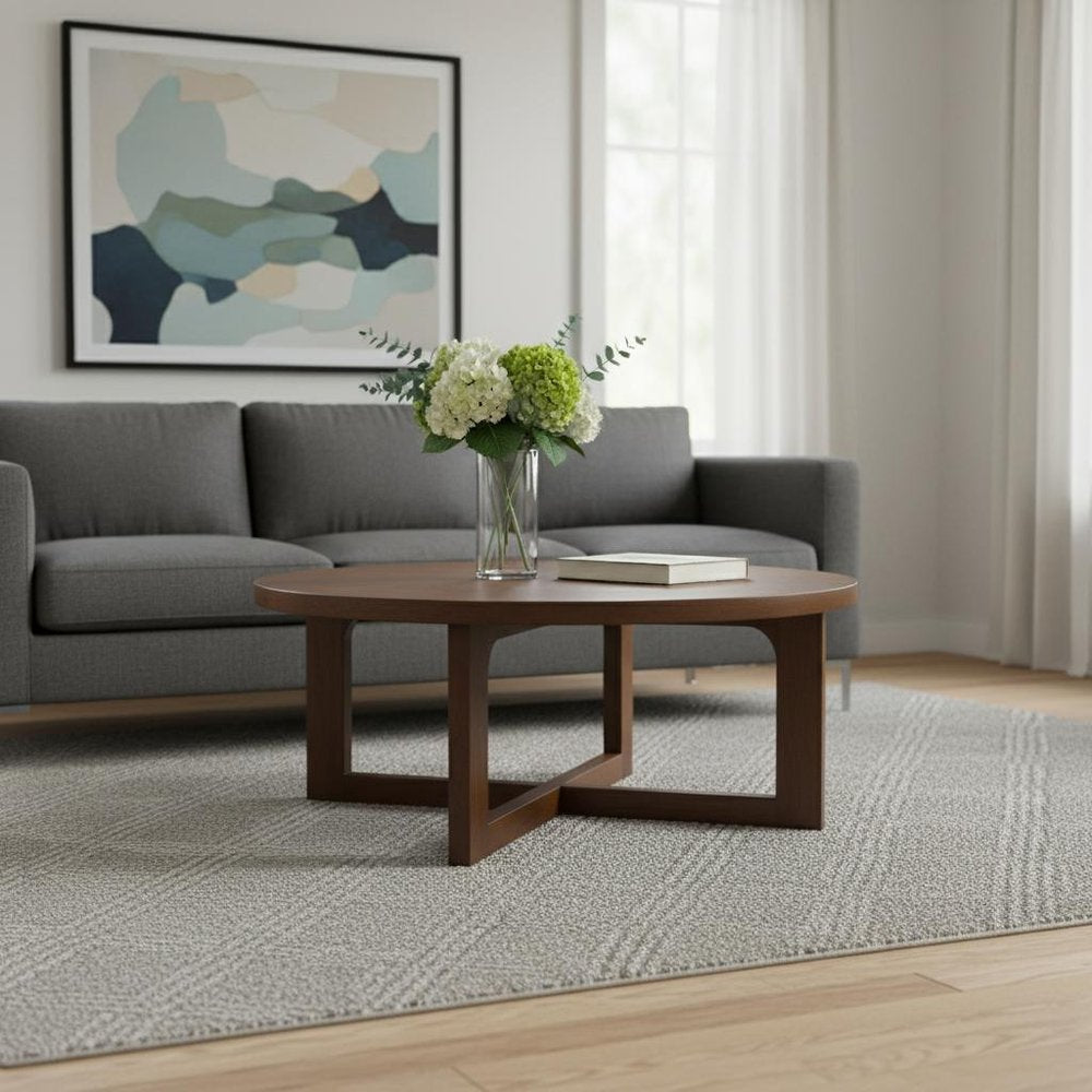 36" Brown Solid Wood Round Cross Legs Coffee Table HomeRoots