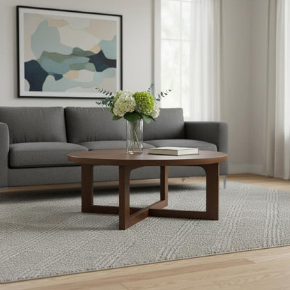 36" Brown Solid Wood Round Cross Legs Coffee Table HomeRoots
