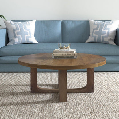 36" Brown Solid Wood Round Cross Legs Coffee Table HomeRoots
