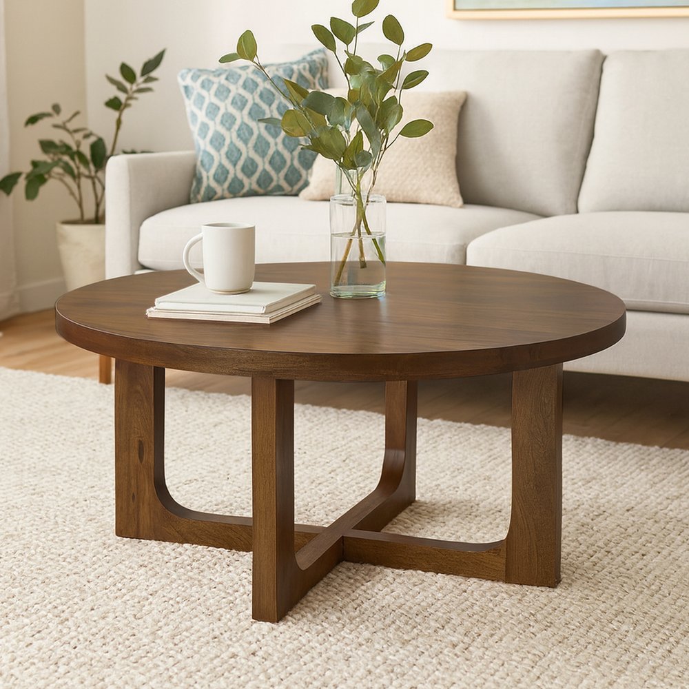 36" Brown Solid Wood Round Cross Legs Coffee Table HomeRoots