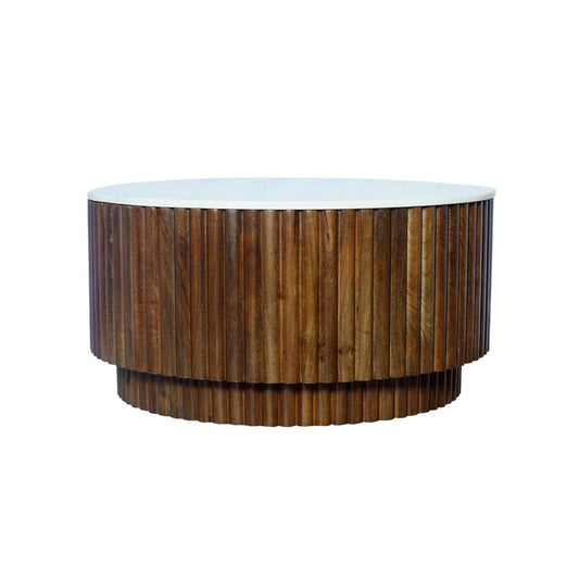 36" Brown Genuine Marble And Solid Wood Round Drum Coffee Table