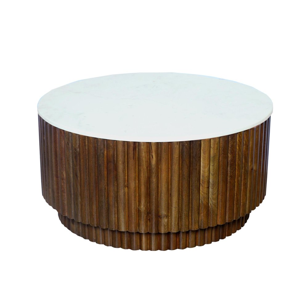 36" Brown Genuine Marble And Solid Wood Round Drum Coffee Table — view 3