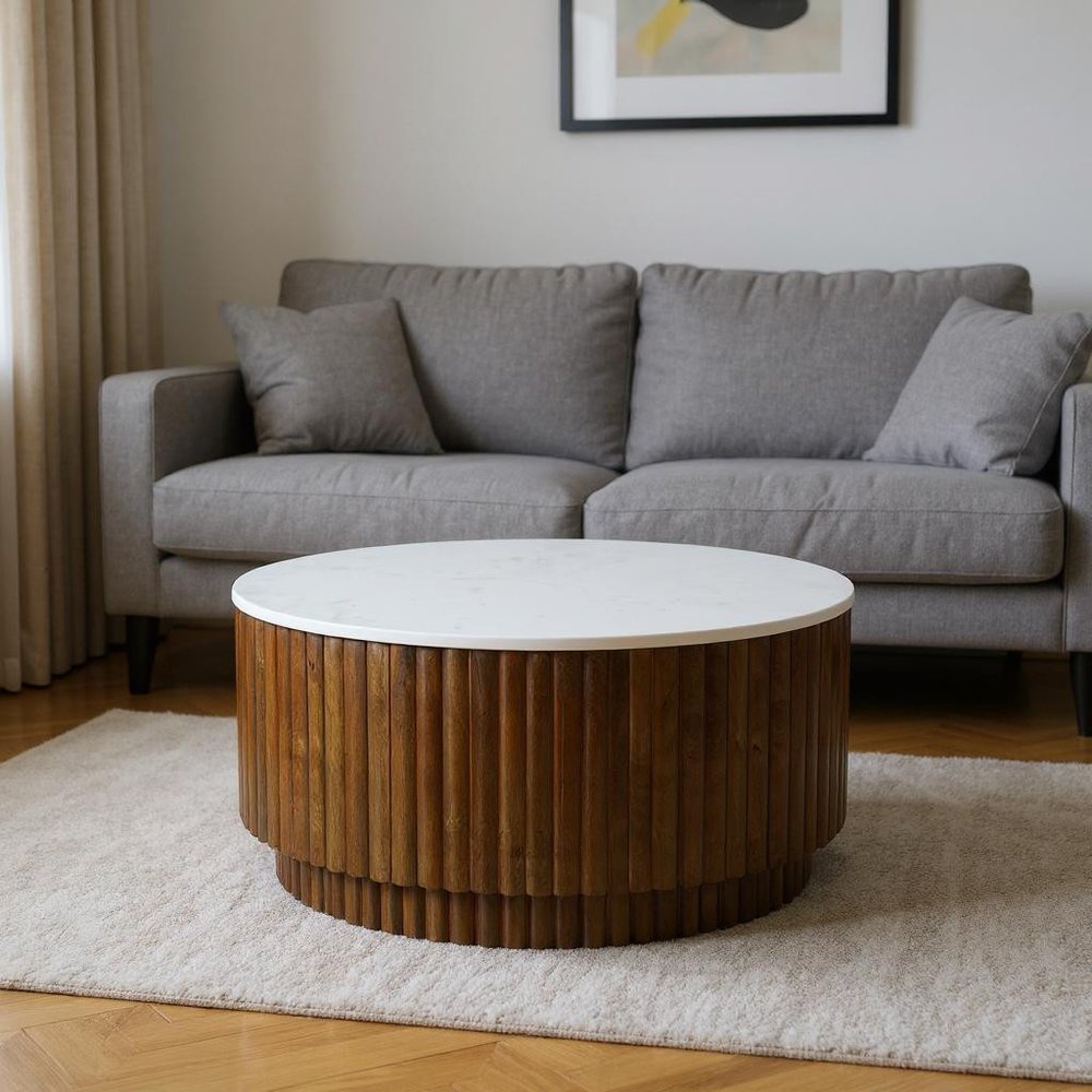 36" Brown Genuine Marble And Solid Wood Round Drum Coffee Table — view 2
