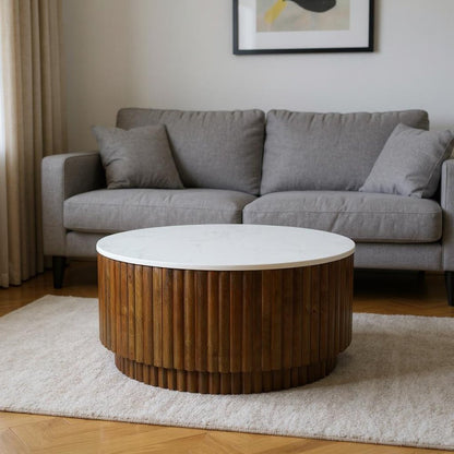 36" Brown Genuine Marble And Solid Wood Round Drum Coffee Table HomeRoots
