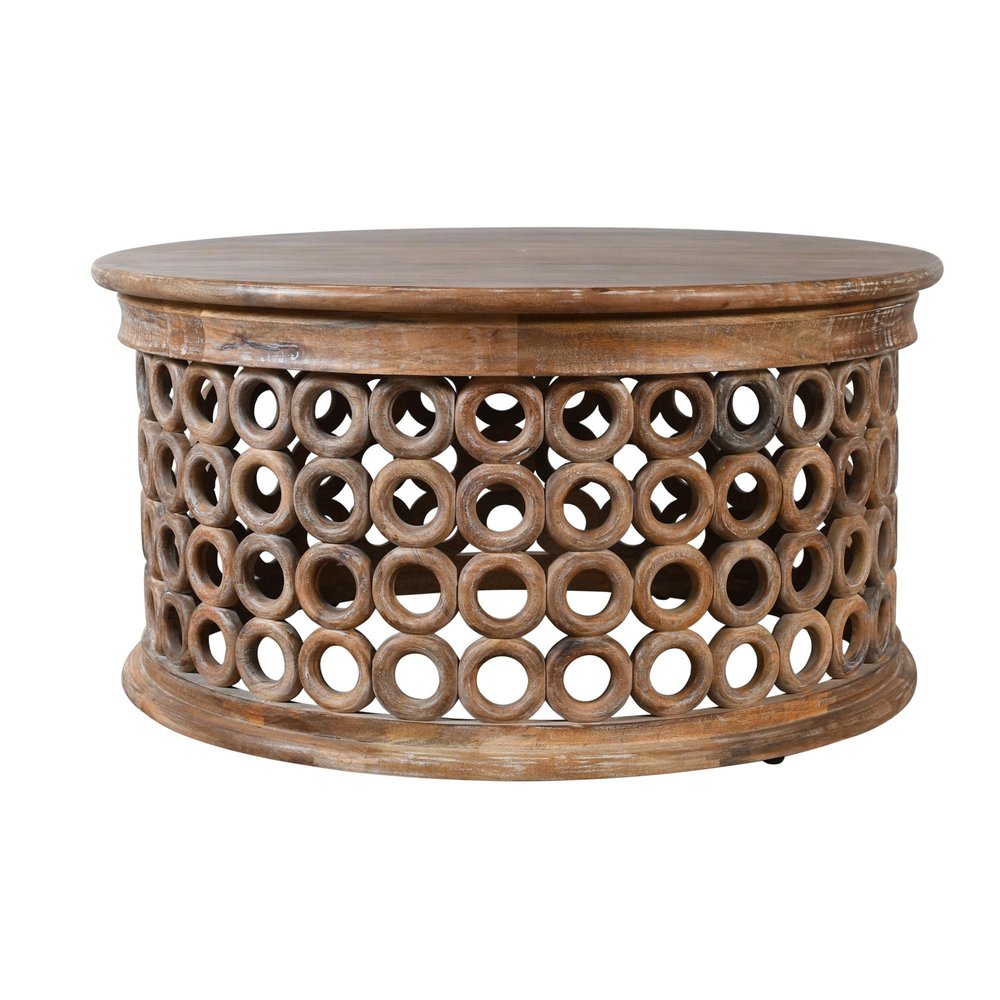 39" Brown Solid Wood Round Distressed Drum Coffee Table HomeRoots