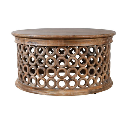 39" Brown Solid Wood Round Distressed Drum Coffee Table