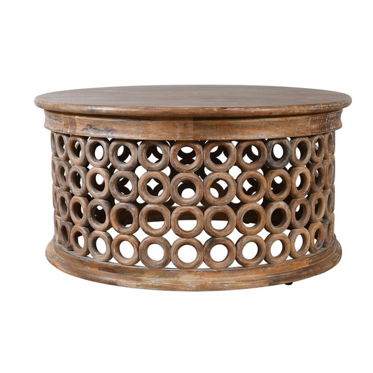 39" Brown Solid Wood Round Distressed Drum Coffee Table
