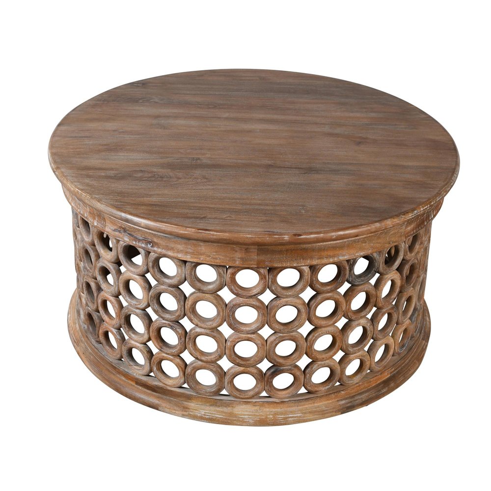 39" Brown Solid Wood Round Distressed Drum Coffee Table HomeRoots