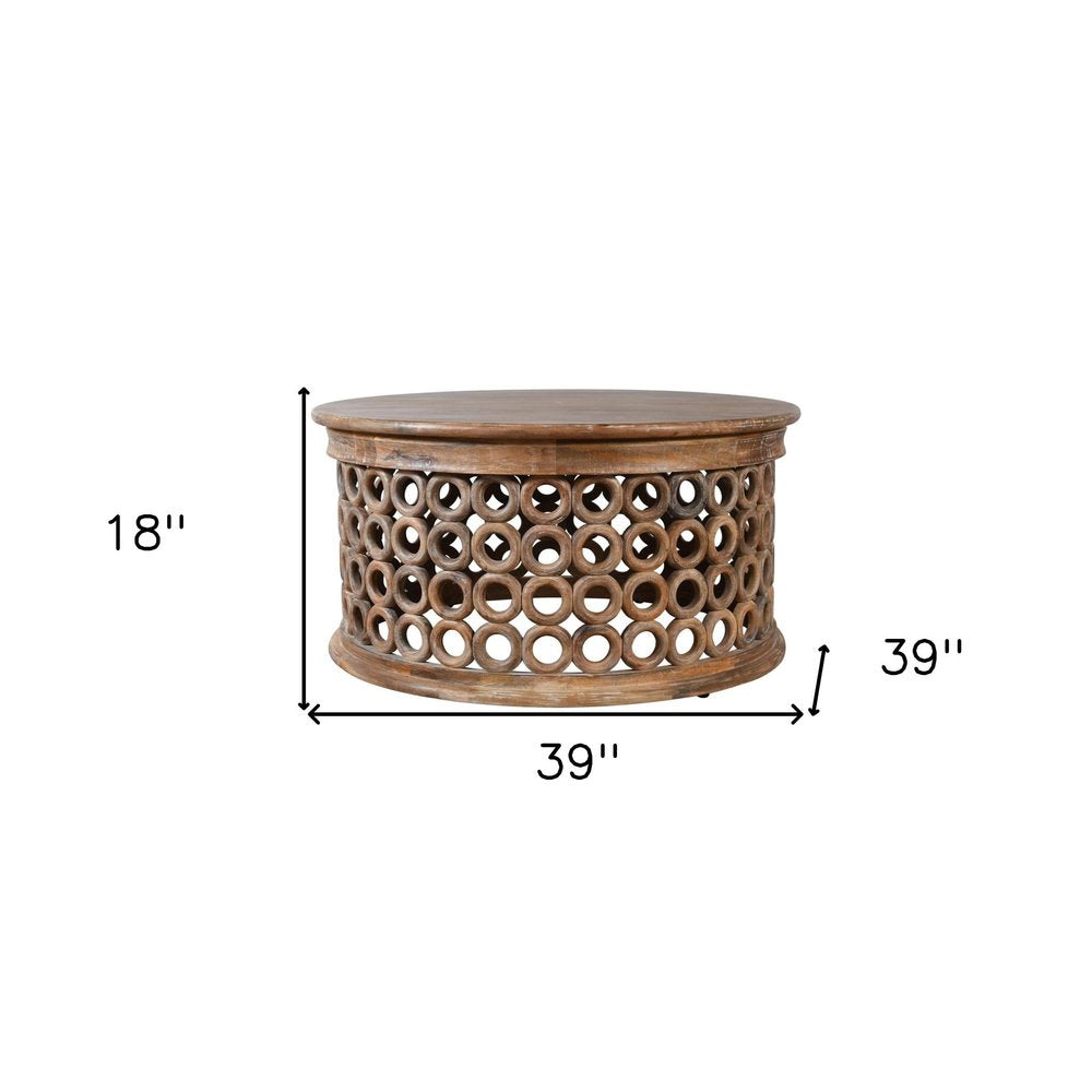 39" Brown Solid Wood Round Distressed Drum Coffee Table