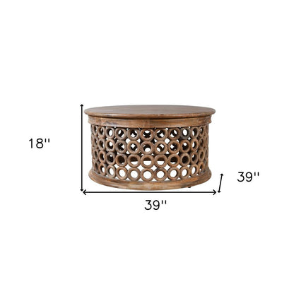 39" Brown Solid Wood Round Distressed Drum Coffee Table HomeRoots