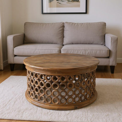 39" Brown Solid Wood Round Distressed Drum Coffee Table HomeRoots