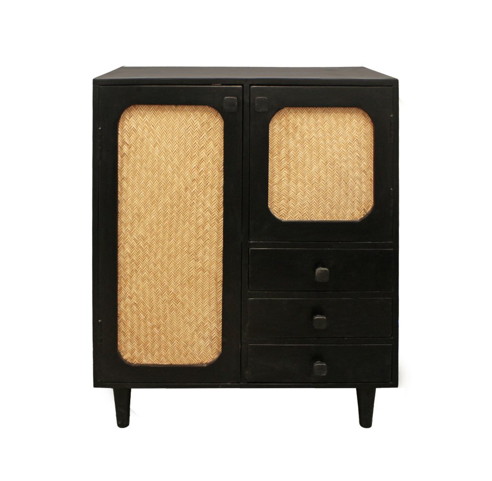 32" Black Distressed Solid Wood Three Drawer Sideboard with Two Doors HomeRoots