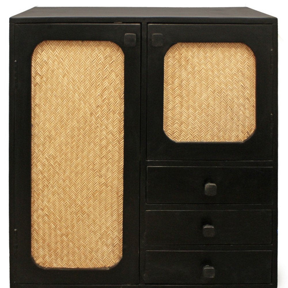 32" Black Distressed Solid Wood Three Drawer Sideboard with Two Doors HomeRoots